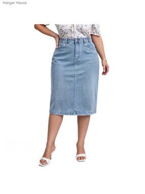 Plus Size Denim Midi Skirt High Waisted Stretch Jean Pencil Skirt
